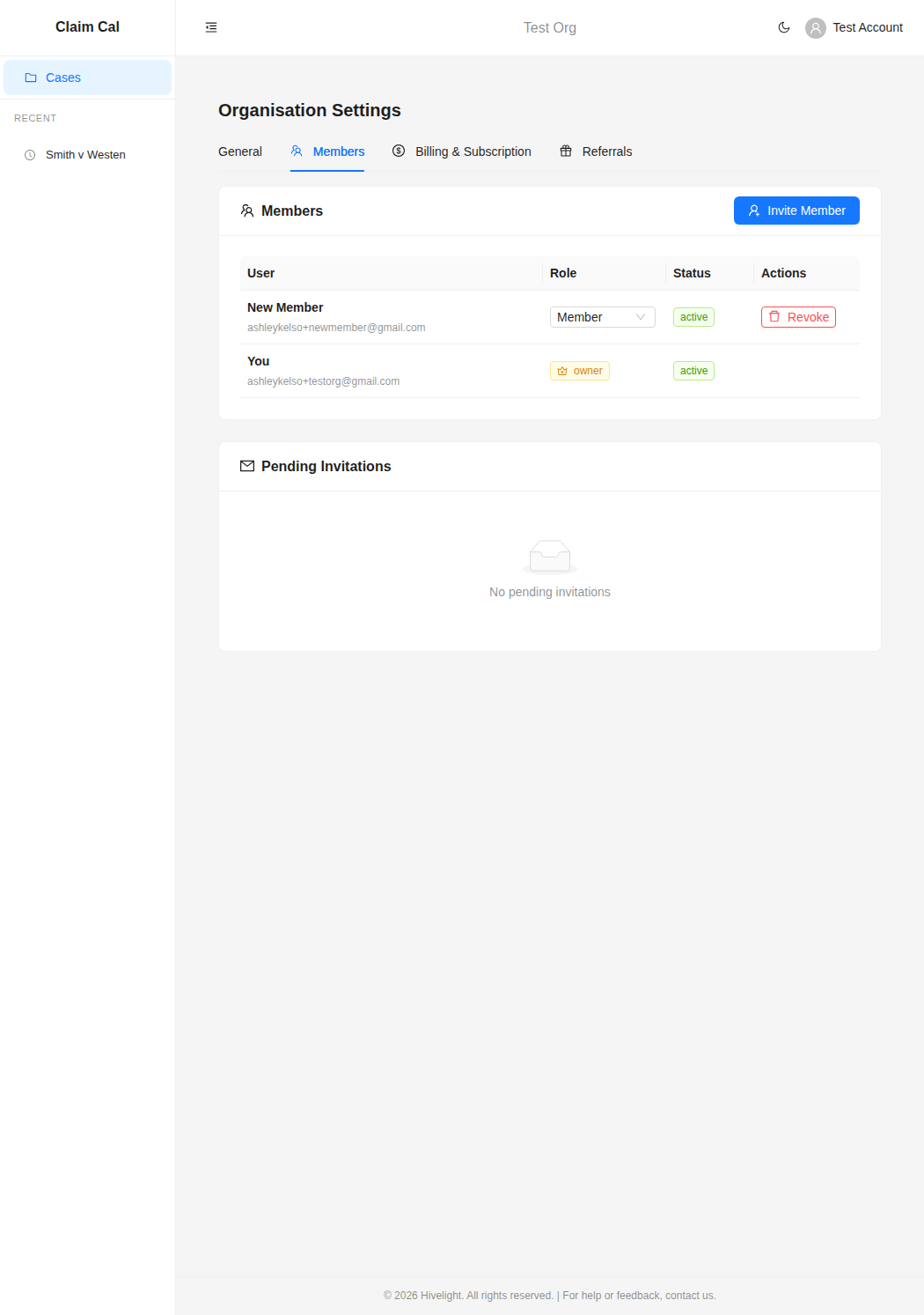 Members tab showing team members with roles and a Pending Invitations section