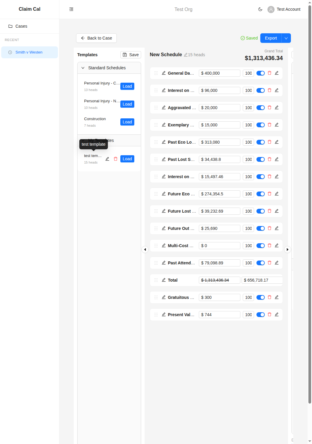 Damages Calculator showing a populated schedule with heads of damages, totals, and discount columns